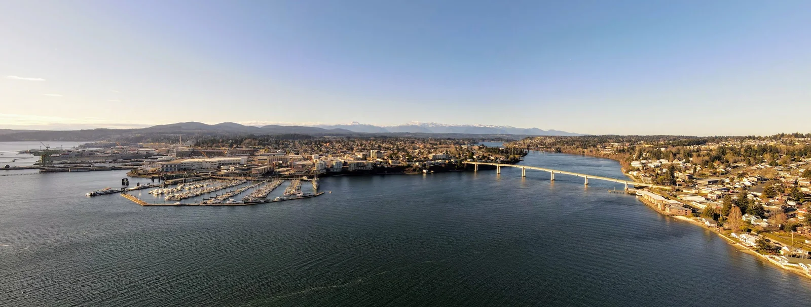Aerial view of Bremerton’s waterfront, marina, bridge and surrounding shoreline