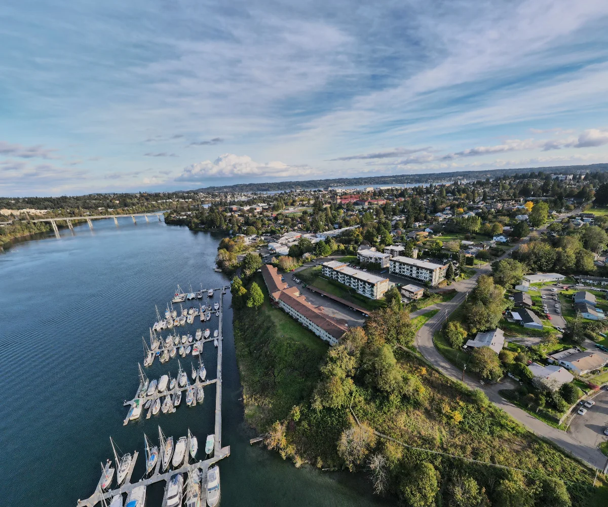 Aerial view across Bremerton’s waterfront and marina